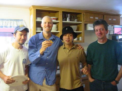 Zach Ordonez, Colin Leath, Ruichi Nakamura, and Eugene in the Kitchen of Hostel Obispo, May 2004, photographer